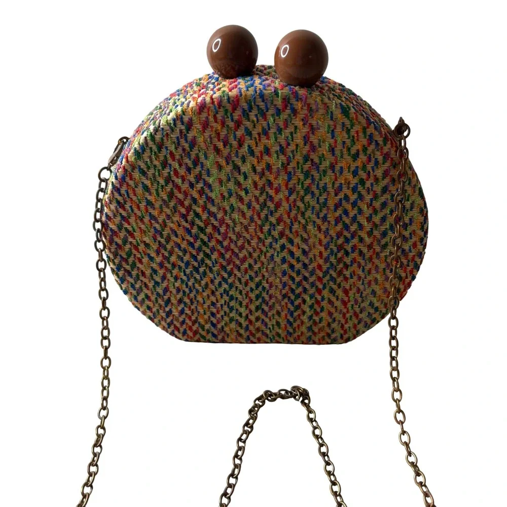 Love Kuza Multi Woven Straw Round Crossbody Bag Rainbow Chevron Kiss Lock Clutch